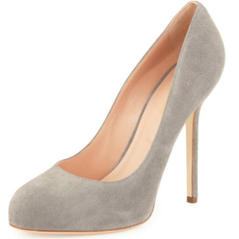 NIB Sergio Rossi "Barbie" Gray Suede Round Toe Platform Pumps, Size 38.5